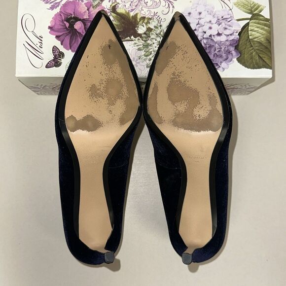 Mango 8-8.5 Midnight Navy Blue Velvet Pumps Stilettos Pointy Toe Heels - Picture 11 of 12